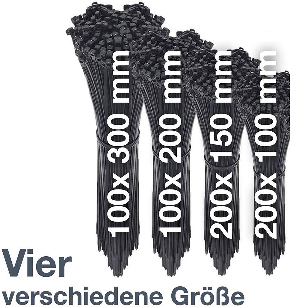 700 Stück Kabelbinder Sortiment Schwarz  Set 100 150 200 250mm x 2,5 3,5 4,5mm 