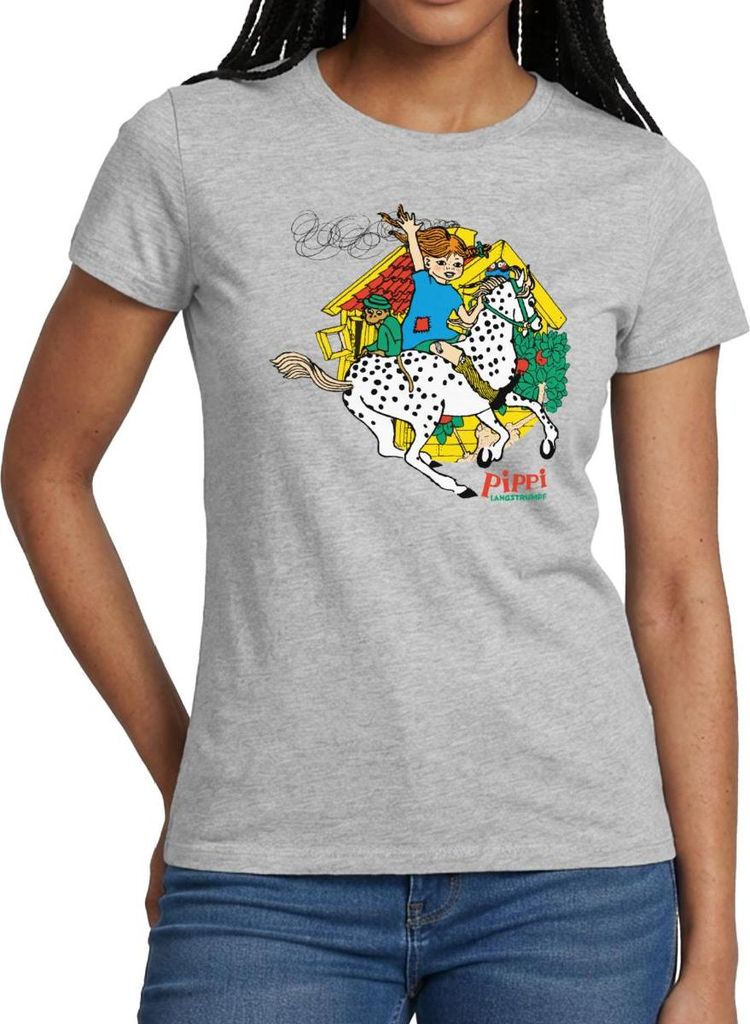Spreadshirt Pippi Langstrumpf Herr Nilsson Und Kleiner Onkel Frauen T-Shirt, XL, Grau meliert