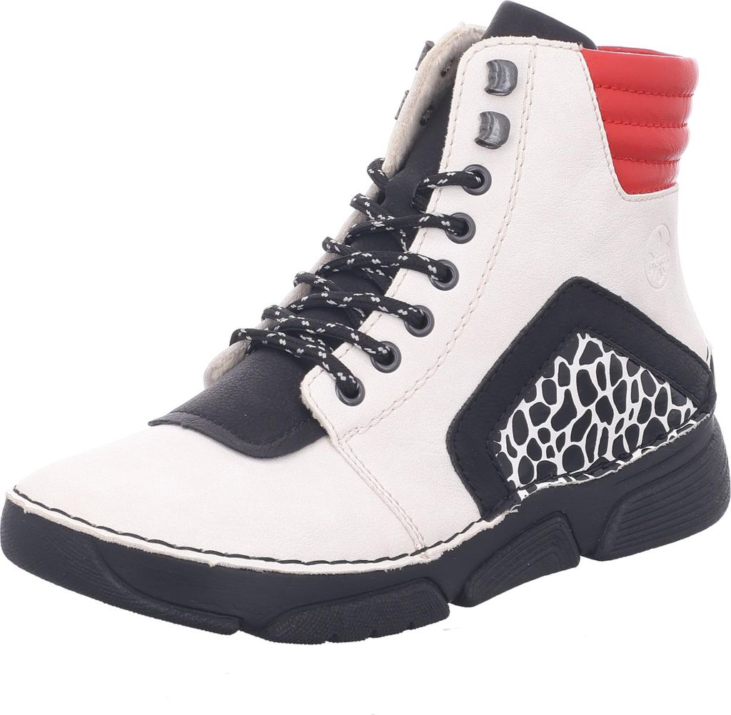 A single white and black high-top sneaker with red accents and an animal print detail.