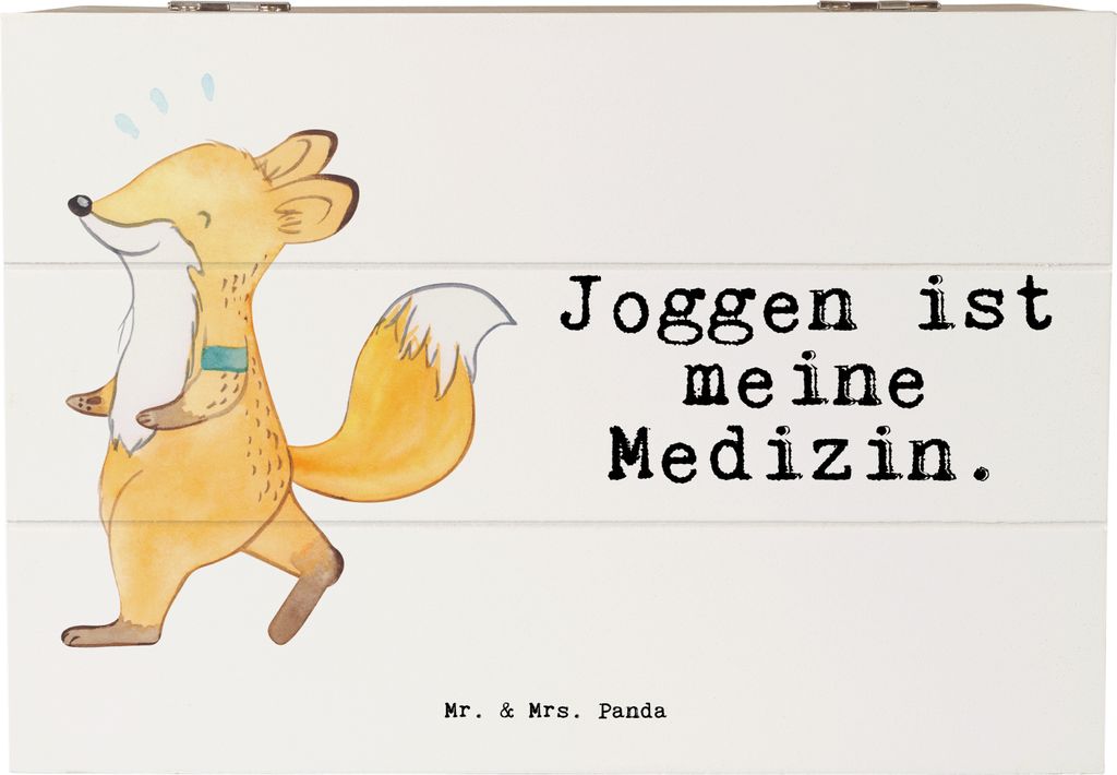Mr. & Mrs. Panda Kiste Fuchs Joggen 22 x 15 cm - Weiß - Geschenk, Holzbox, Laufsport, geschenkkiste, mit Deckel, Laufen, Dauerlauf, schatztruhe, G...