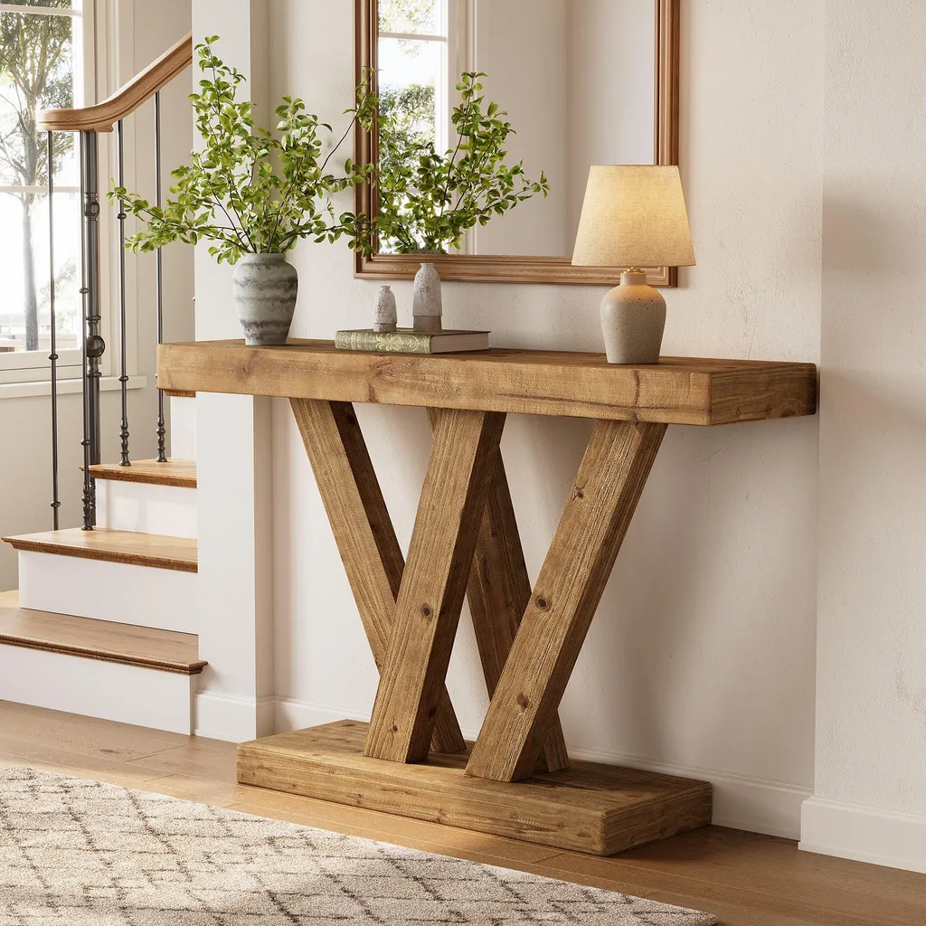 Tribesigns Table Console en Bois Massif 120cm avec Double Base en V - 2