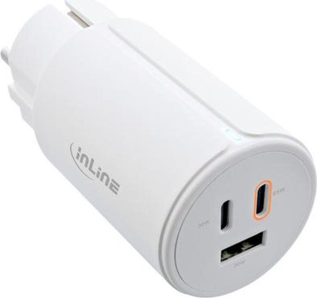 InLine USB PD Netzteil, GaN Ladegerät, 3-Port, Dual USB-C + USB-A, 65W, weiß (31506G)