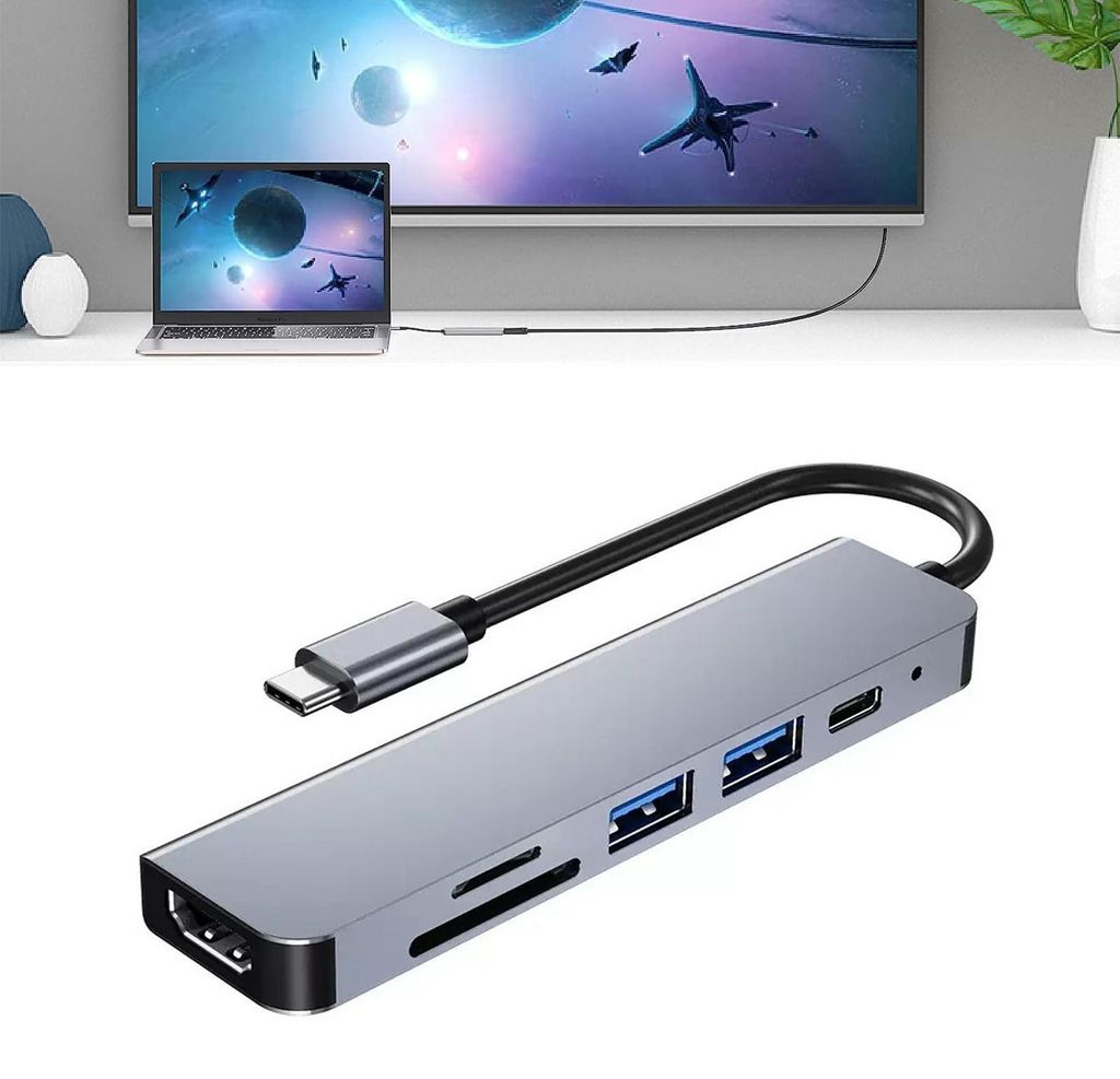 MODFU Hubs, 6-in-1 HDTV‐Dockingstation – HDMI 4K, USB2.0/3.0, USB‐C PD, SD/TF, Ethernet