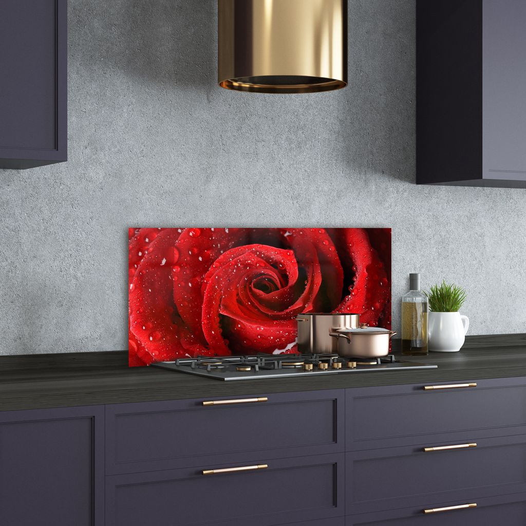Tulup Küchenrückwand Spritzschutz aus Glas -100x50 -Spritzschutz auf gehärtetes GlasBlumen & Pflanzen Tropfen auf Rose