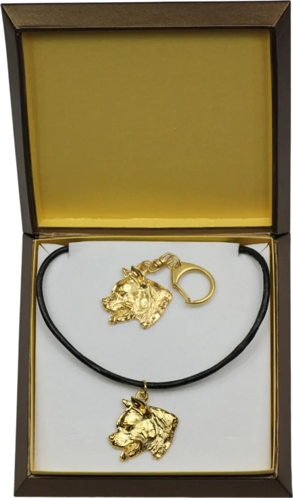 American Staffordshire Terrier, Amstaff I - Portachiavi e collana con cane in una scatola, prodotto placcato in oro di alta qualità, marchio Art-Dog