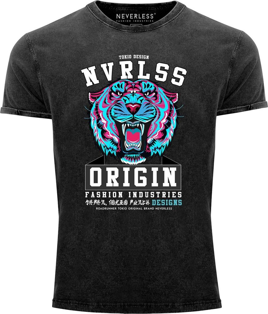 Neverless Herren T-Shirt Vintage Shirt Printshirt Origin Tokio Design Schriftzug Tigerkopf Print Tattoo Style Aufdruck Used Look Slim Fit schwarz L