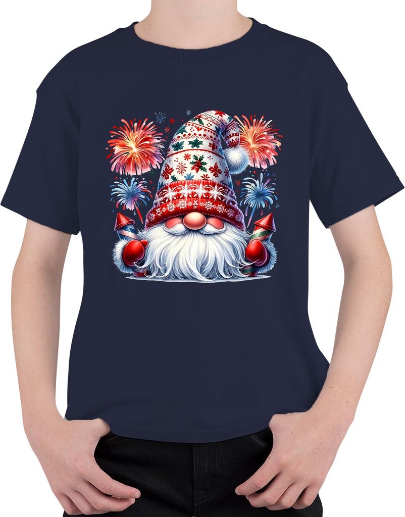 Weihnachtsmann mit Feuerwerk festliche Mütze Gnome Kunst Santa Uni Kinder T-Shirt, Navy, 152