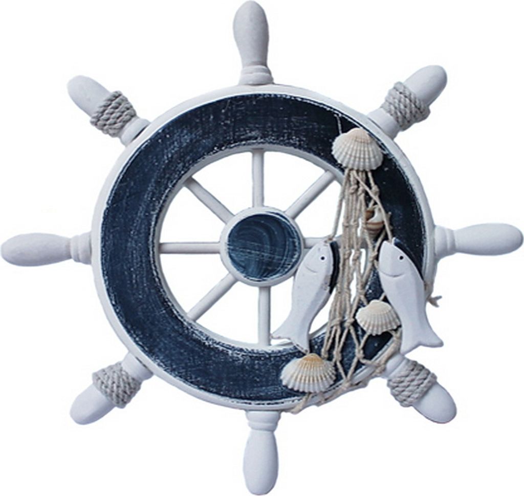 Deko Steuerrad Schiff Holz Fischernetz Muscheln Fische Maritim (02)