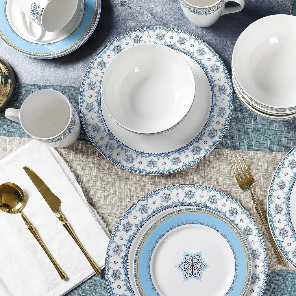 Set de table complet pour 4 personnes gris bleu et or style moderne - 3