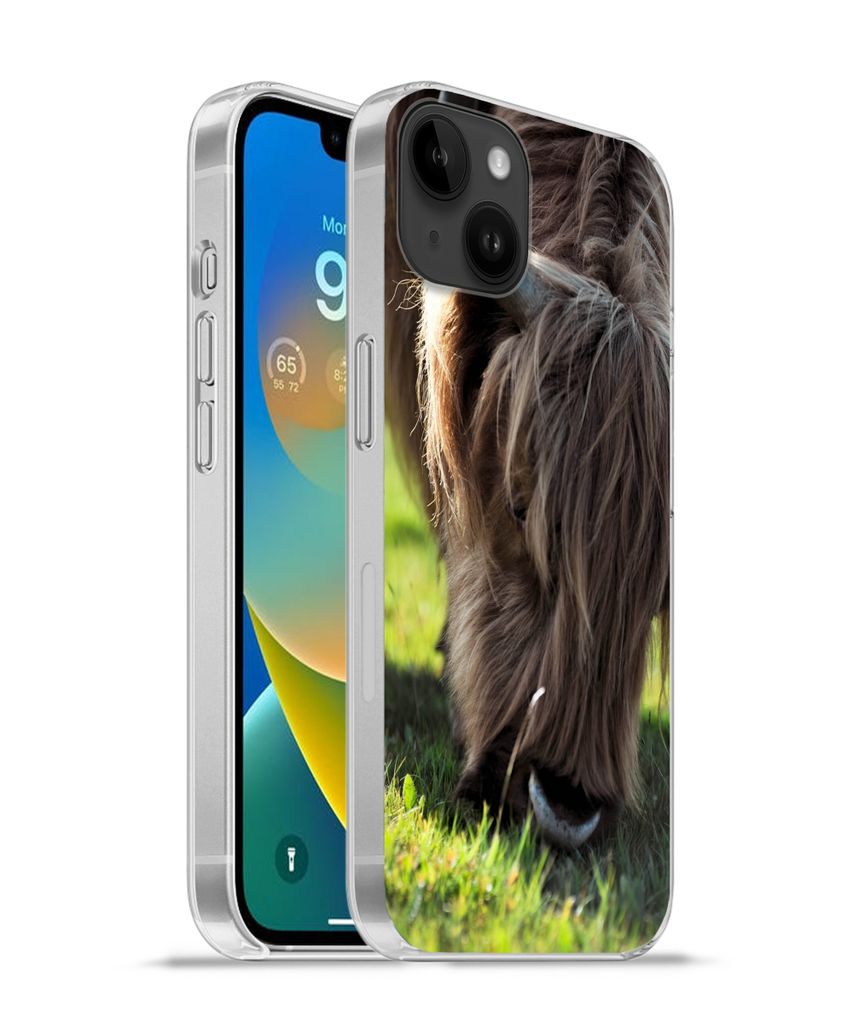 MuchoWow Handyhülle Schutzhülle Hülle für Apple iPhone 14 Plus - Soft case Schottischer Highlander - Hörner - Sonne Silikon Softcase Handy H...