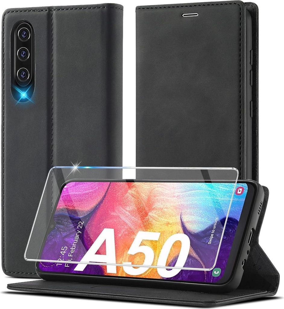 Samsung Galaxy A50 Hülle Leder Wallet Case mit Schutzfolie Produktbild 