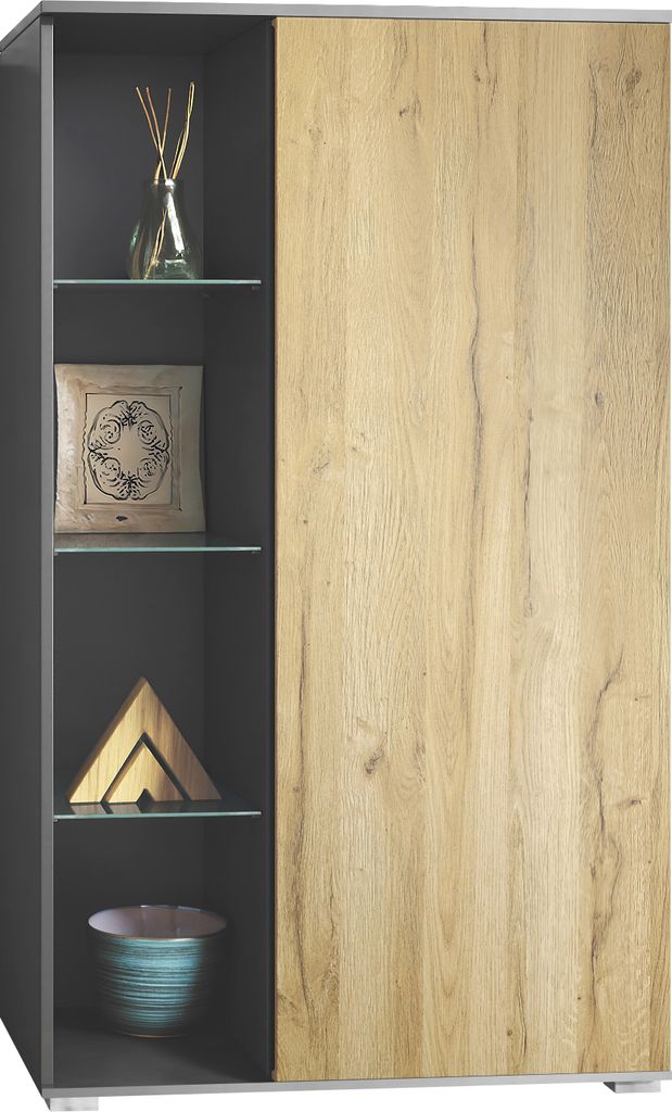 Vladon Vitrine Davos, Germany, Standvitrine mit 3 Glasböden und 8 Fächer, Anthrazit matt/Eiche Natur (71,5 x 134 x 35 cm)