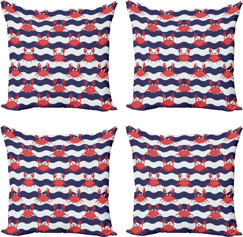 ABAKUHAUS Krabben Kissenbezug Set (4 Stück), Krabben auf gestreiftem, Moderner Doppelseitiger Digitaldruck, 45 cm x 45 cm, Rot und Marineblau