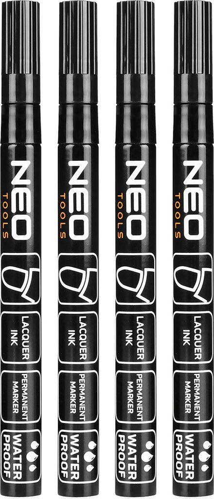 NEO TOOLS Permanent Marker, in Schwarz, Wasserfester Stift für Glas, Metall, Holz & Co, Strichstärke 3 mm, 4 Stück