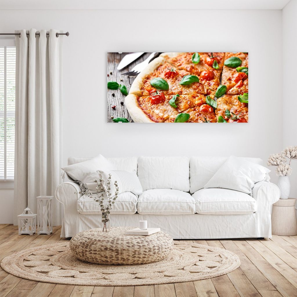Glasbild Wandbild Pizza mit Basilikum 100x50cm in XXL für Wohnzimmer, Schlafzimmer, Badezimmer, Flur