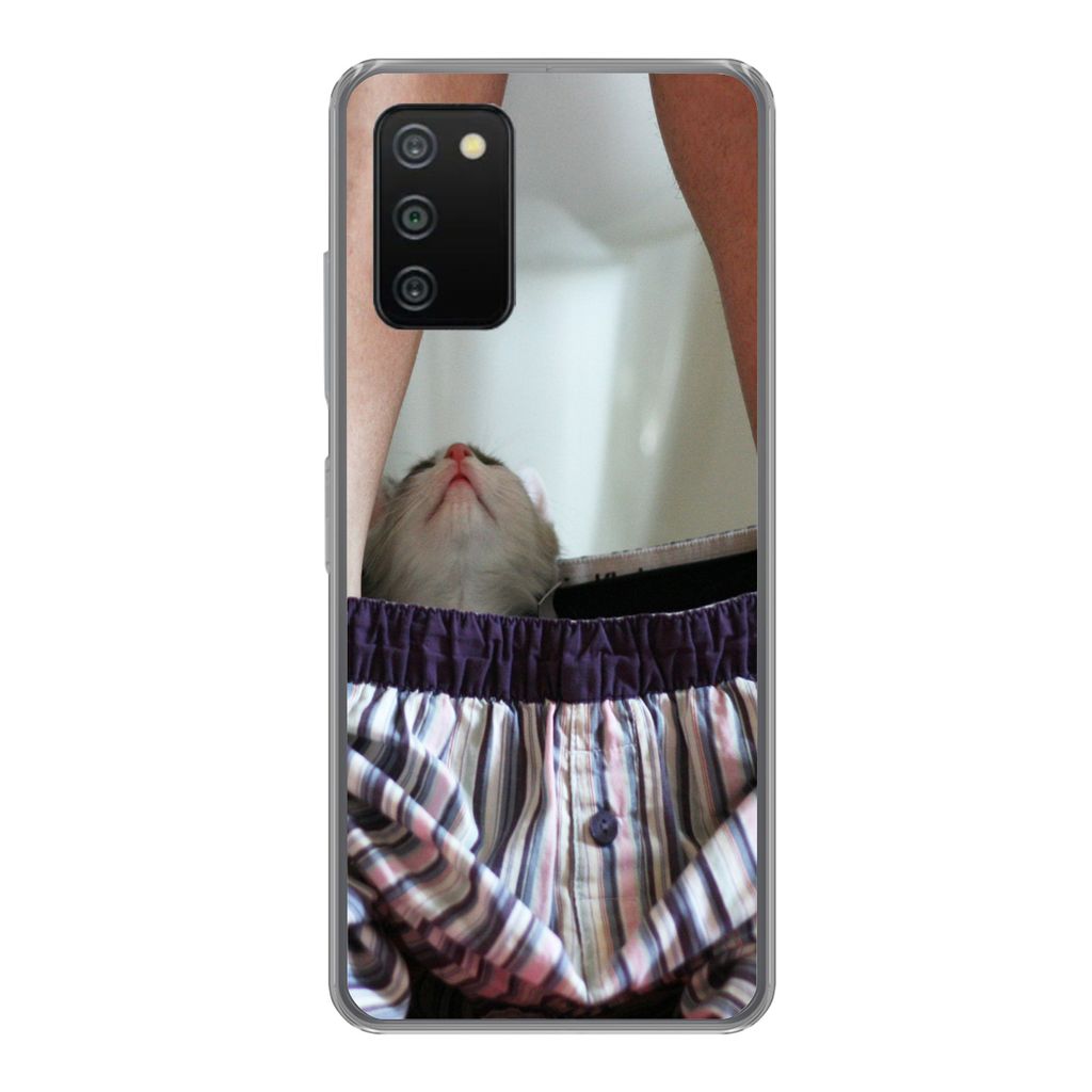 MuchoWow Handyhülle Schutzhülle Hülle für Samsung Galaxy A03s Katze - Hose - Toilette Silikon Softcase Handy Hülle - Schutz