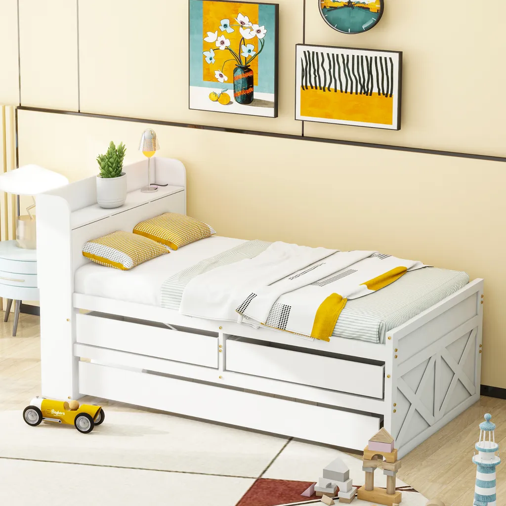 Lit Blanc 90x190 avec Tiroir de Rangement et Table de Chevet Connectée USB