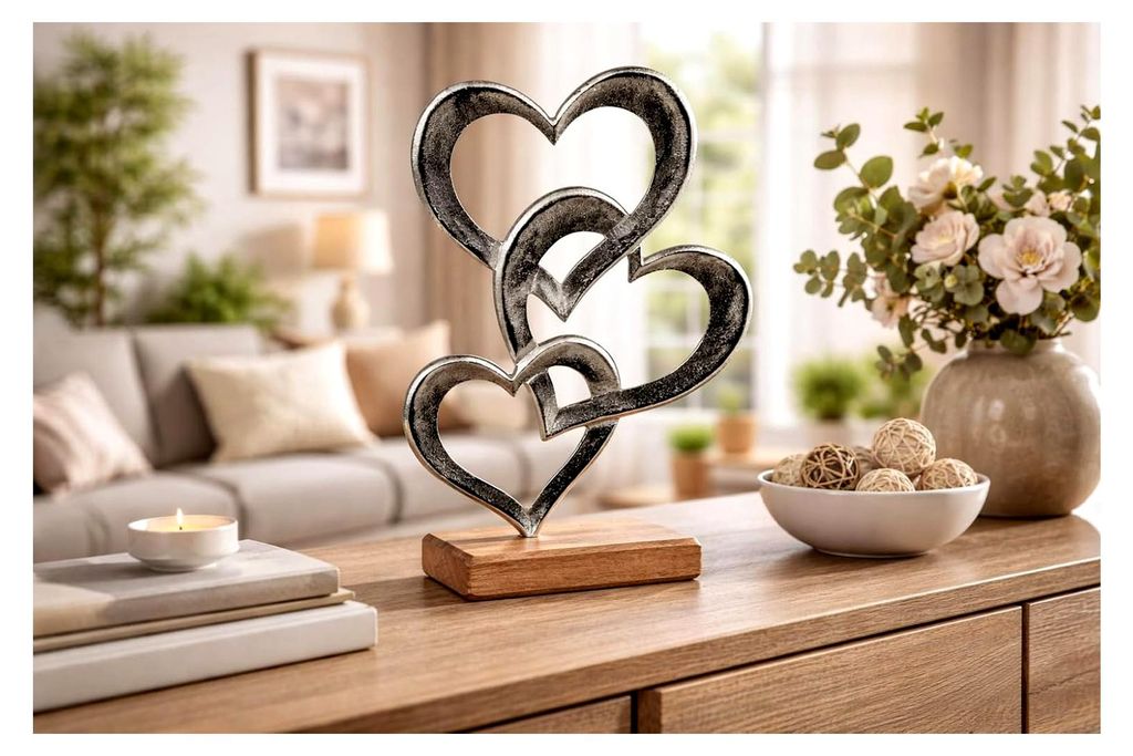 Deko-Herzen aus Aluminium auf Mango-Holz zum Stellen, 32 cm