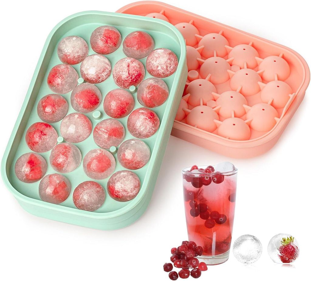 Eiswürfelform rund Silikon 2er Set mit Deckel, 22 Kugel Eiswürfel pro Form, BPA frei, für Whisky & Cocktails, leicht zu lösen