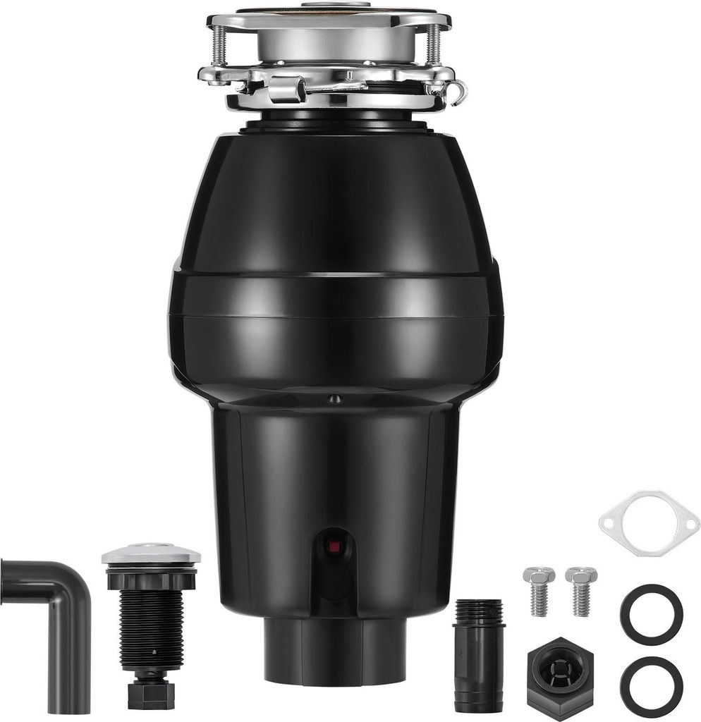 A garbage disposal unit and its accessories are displayed against a white background.