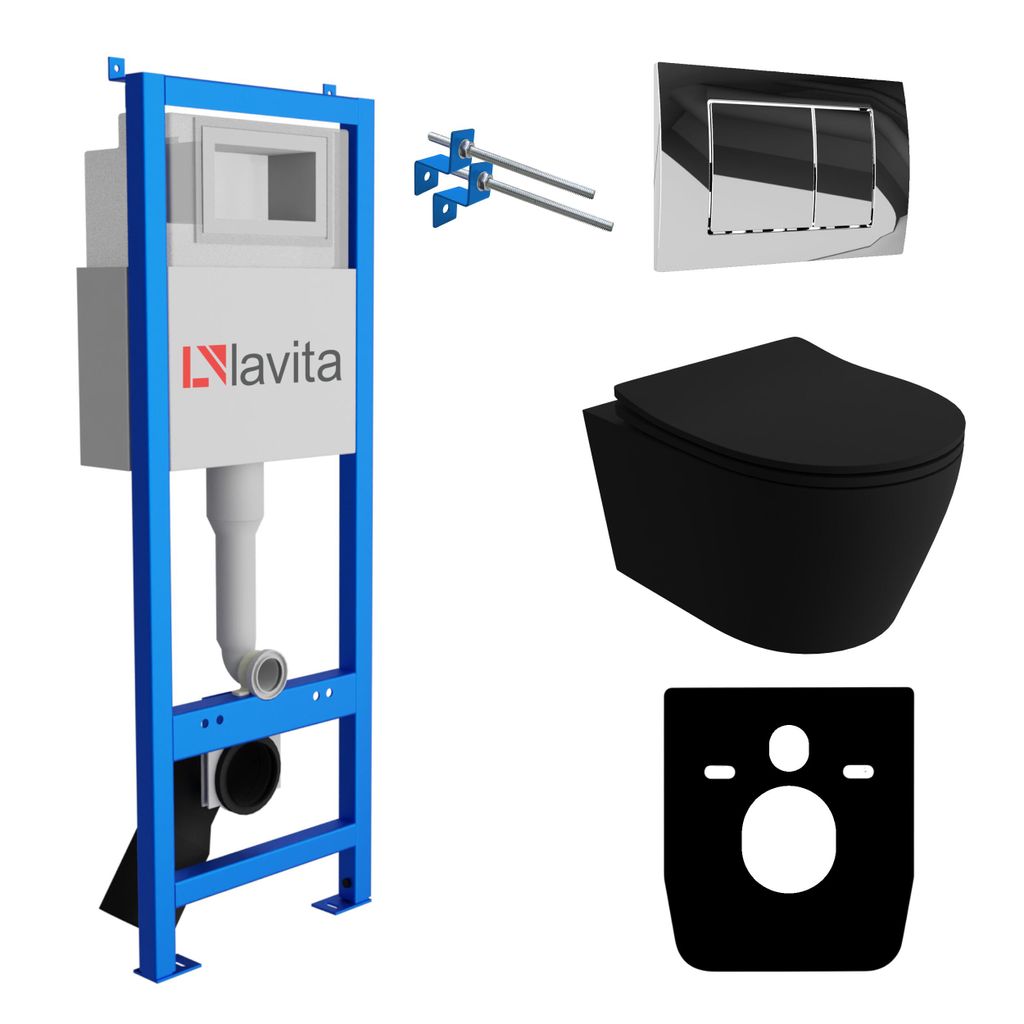 Lavita LAV 101 Vorwandelement für WC 40cm + Wand Hänge Tiefspül WC PRAIA Schwarz Spülrandlos + Bedienplatte LAV 200.1.2 Verchromt | Komplettset...