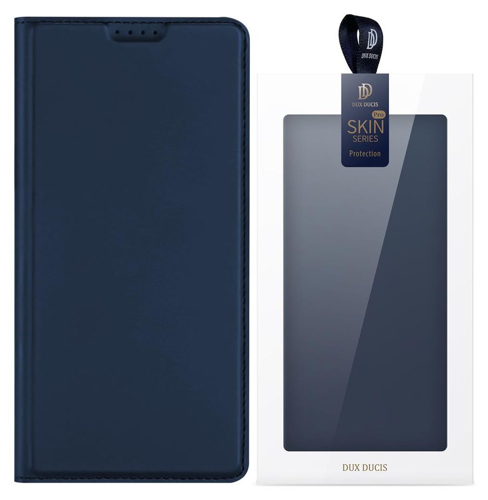 A dark blue flip case for a Samsung Galaxy S20 FE 5G phone is shown next to its packaging.