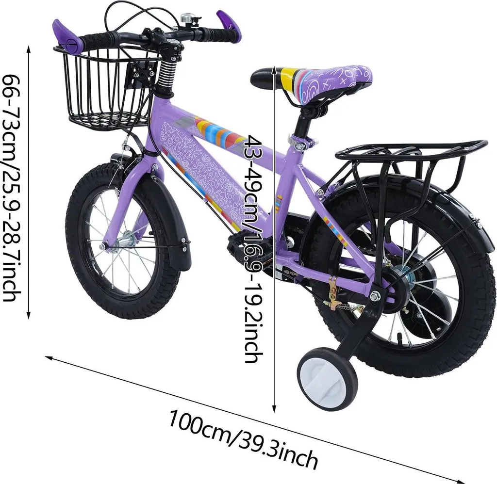Vélo enfant 14 pouces violet avec stabilisateurs amovibles et freins V-Brake