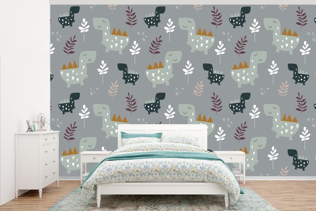 MuchoWow Fototapete für Wohnzimmer oder Schlafzimmer Wandtapete Vinyl Motivtapete Muster - Jungen - Kinder - Dinosaurier - 405x260 cm - Die Küche