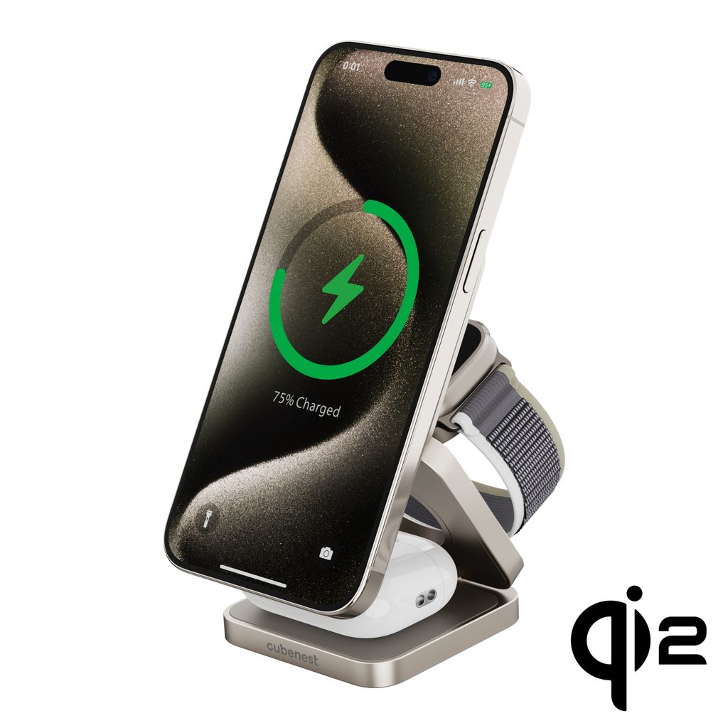 Cubenest Qi2.2 3in1 Faltbares Magnetisches Kabelloses Ladegerät SQ312 Pro Titan - MagSafe kompatibel