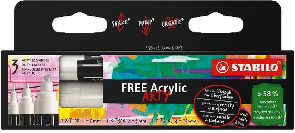 STABILO Acrylmarker - FREE Acrylic - 3er Pack - weiß - 3 verschiedene Spitzen weiß
