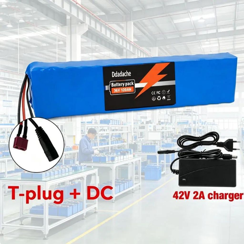 36V 100Ah Lithium-Ionen-Akku - 18650 10S3P Akkupack - Mit BMS - 42V 2A Ladegerät - Tragbarer Ersatzakku - T-DC-Ladeanschluss