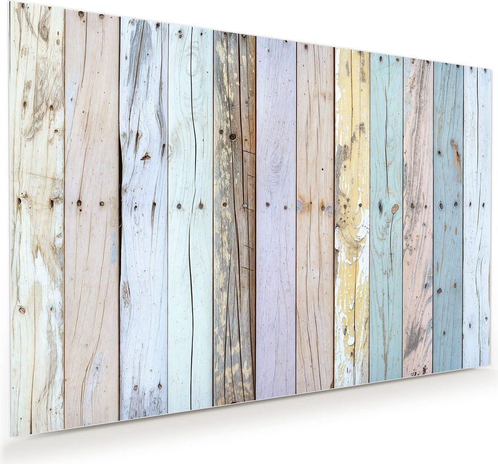 Glasbild 75x50cm in XXL für Wohnzimmer, Schlafzimmer Motiv Bunte Holzplanken