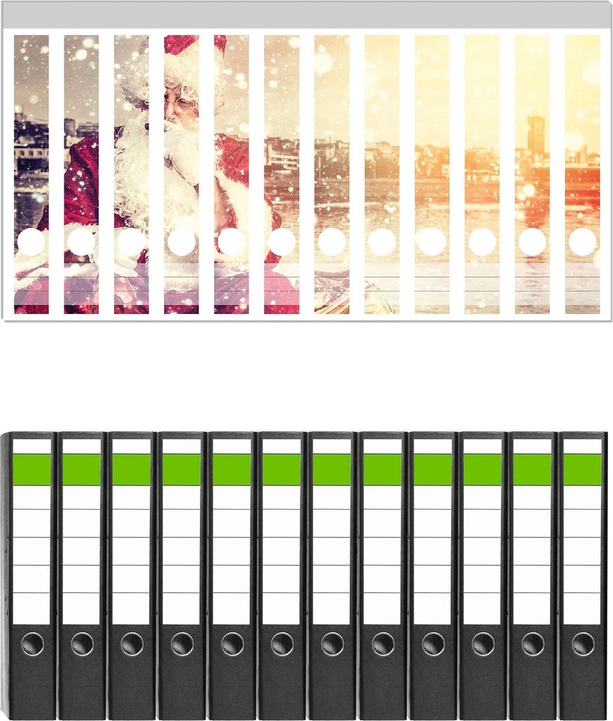 Wallario 12 Stück schmale Ordner inkl. Klebeetiketten mit Motive Christmas-Party - Weihnachtsmann mit Schnaps und Zigarre - Set mit Rückenschild...