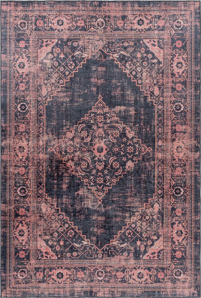 A top-down view of a rectangular rug with a distressed, vintage-inspired pattern.