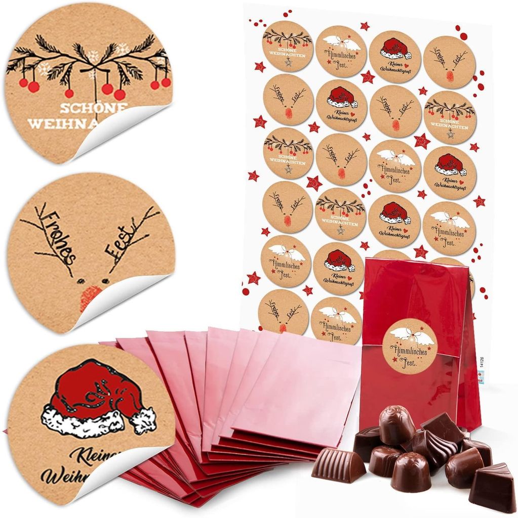 24 rote Blockbodenbeutel Pergamineinlage 7 x 4 x 20,5 c) + runde Weihnachts-Aufkleber Weihnachtswünsche Verpacken Pralinen Tee und kleine Geschenk...