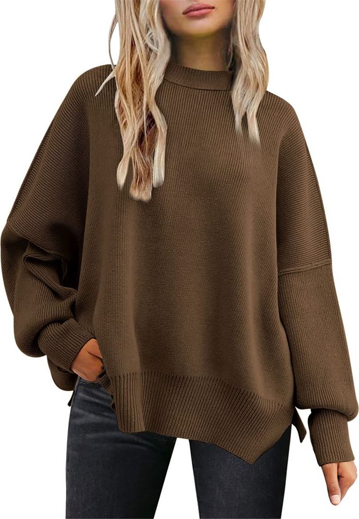 ASKSA Damen Pullover Rundhals Oversized Strickpullover Fledermausaermel Pulli Herbst Winter Warm Lose Strick Seitlichem Schlitz Sweater Oberteile (...