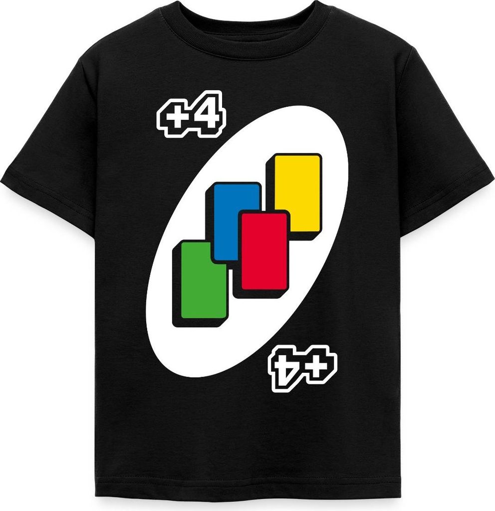 Spreadshirt UNO +4 Design Vier-Ziehen-Karte Kinder T-Shirt, 122/128 (7-8 Jahre), Schwarz