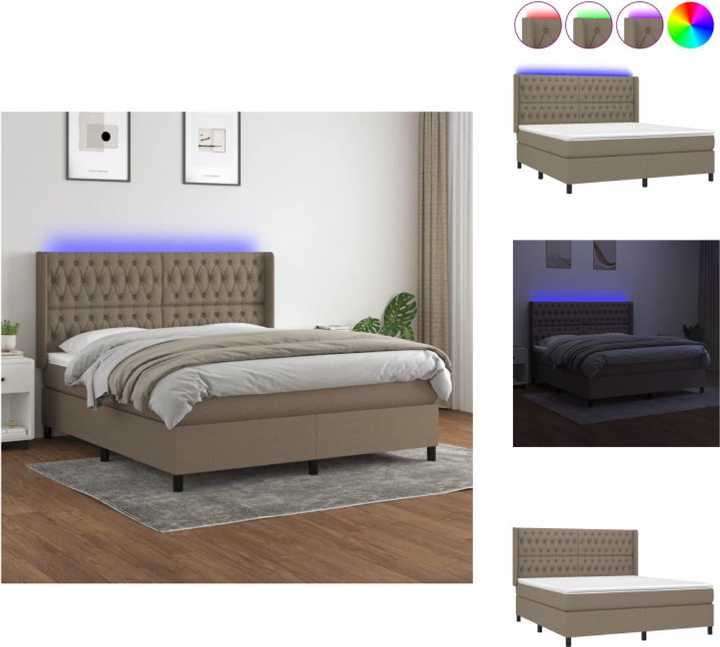 vidaXL Boxspringbett mit Matratze & LED Taupe 180x200 cm Stoff - Betten & Bettgestelle