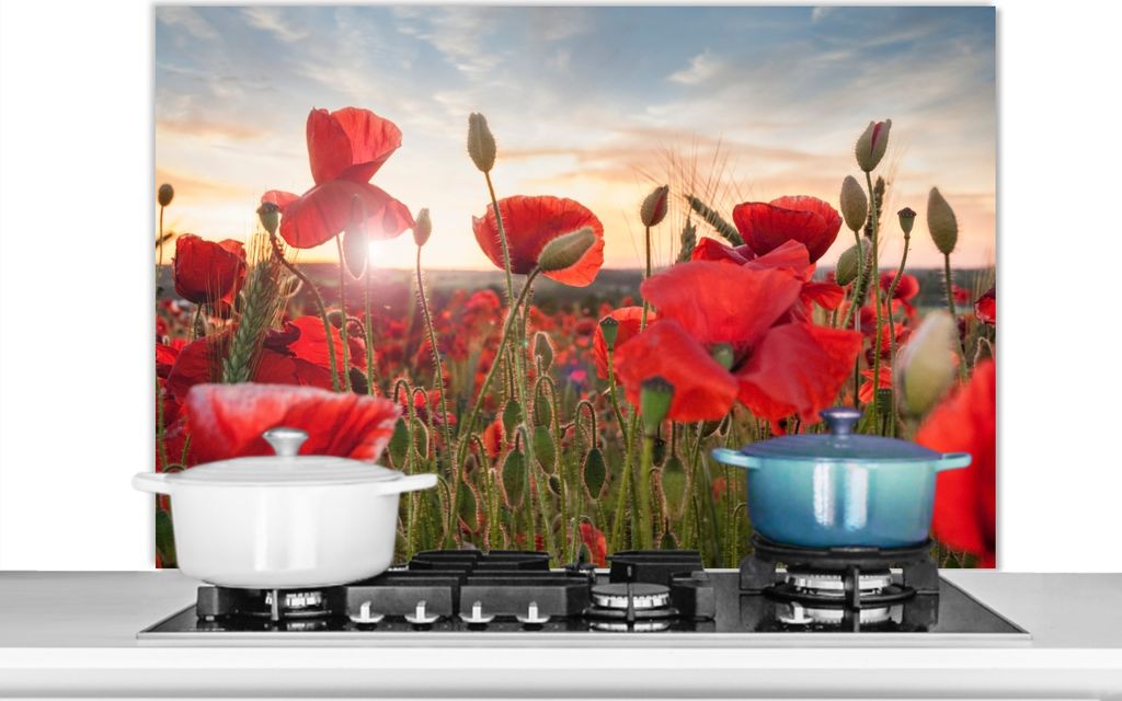 KitchenYeah Spritzschutz Küche - Küchenrückwand - Wandschutz für Herd und Spüle - Sonnenuntergang hinter den schönen Mohnblumen 100x65 - A...