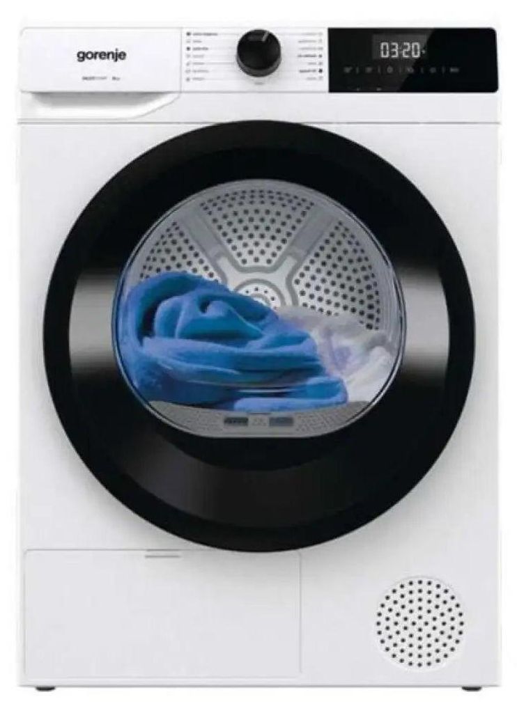 A front-on studio shot of a white Gorenje heat pump dryer.