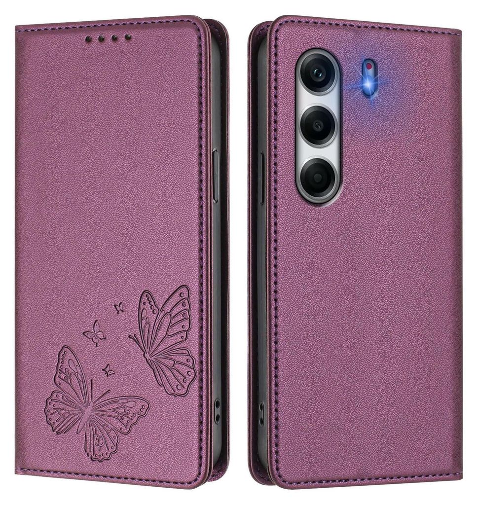 Lederhülle für Tecno Camon 40 Pro 4G, Schmetterling Prägung Leder Brieftasche Schutzhülle mit Ständer Lila