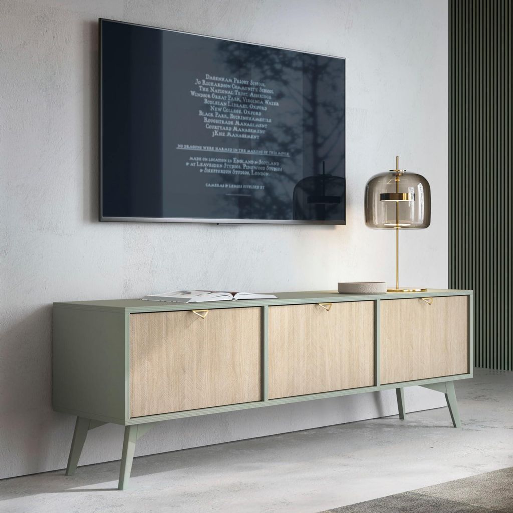 Komodee, TV-Schränk Tofino - Eiche - Grün - Metallgriffe - Holzbeine - Breite 158 cm, Höhe 52 cm, Tiefe 38 cm