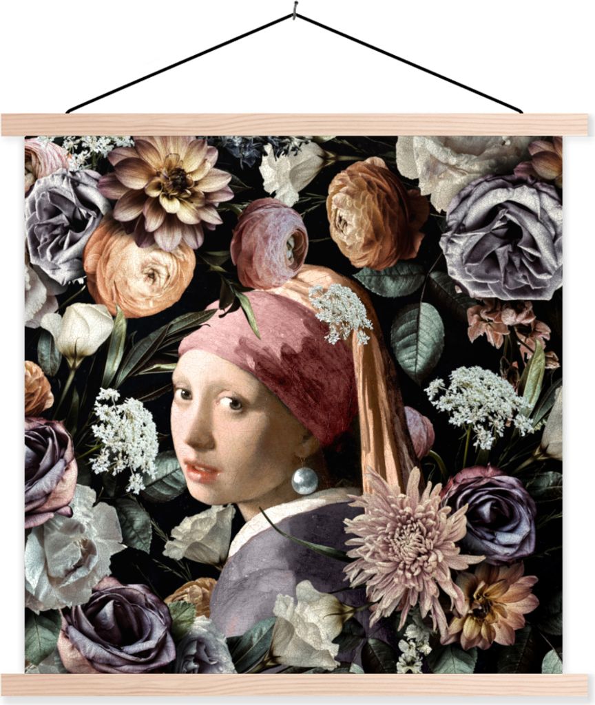 MuchoWow Textilposter Mädchen mit Perlenohrring - Blumen - Vermeer - Pastell - Kunstwerk - Gemälde - Alte Meister 60x60 cm mit holzfarbenen Rah...