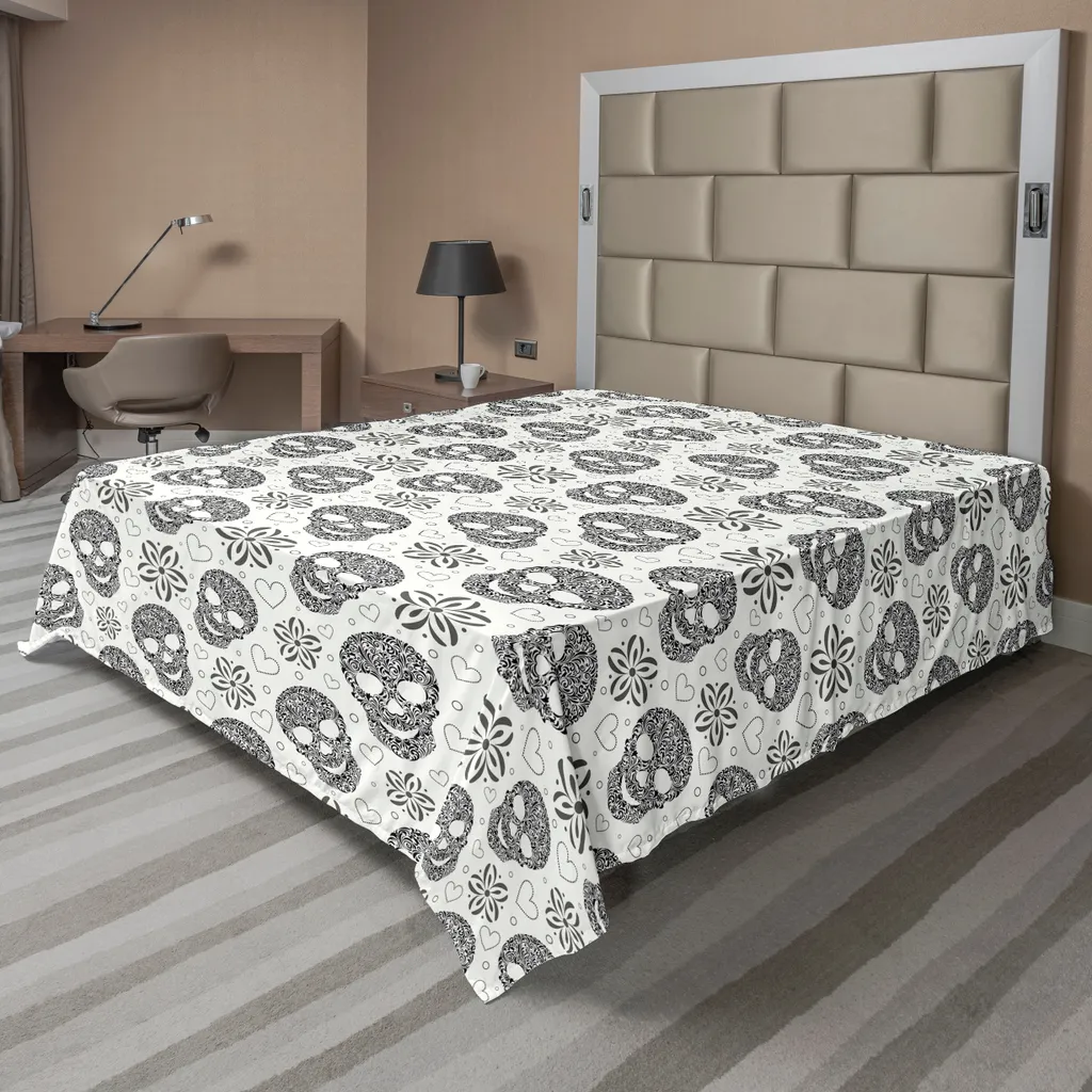 Drap de lit doux imprimé Crânes et Marguerites - Confort Premium Noir