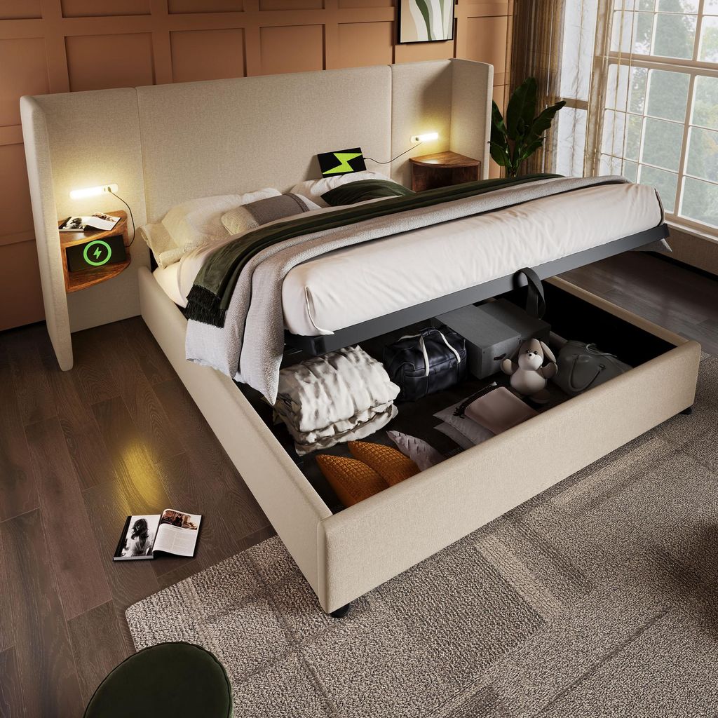 Cordstoff Stauraumbett mit Massivholz-Metallgestell, Nachttisch, Leselampe & USB-C Ladefunktion – Elegantes Doppelbett ohne Matratze 180x200, Beige
