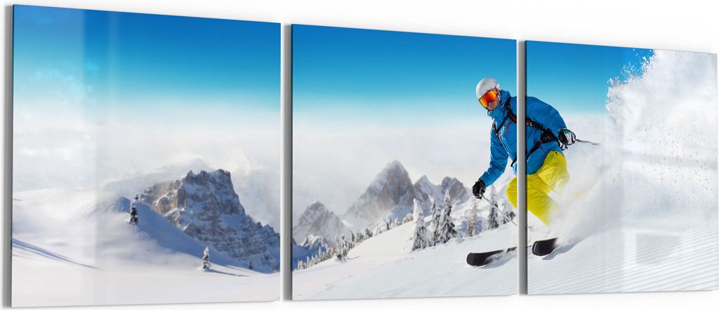DEQORI Glasbilder Acryl 3x50x50 cm 'Skifahrer in Aktion' Wandbilder XXL groß