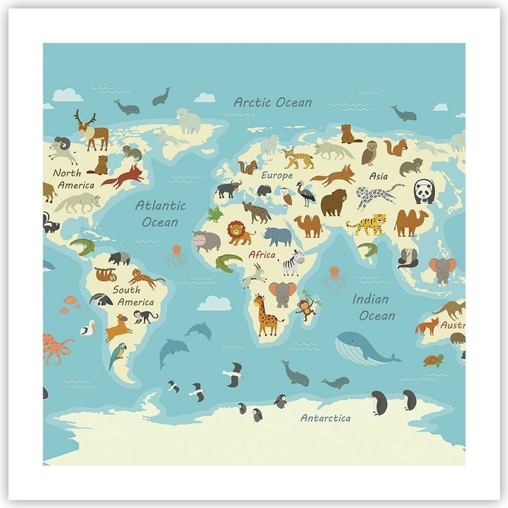 Poster - Poster ohne Rahmen - Tiere die Welt Karte - 50x50 cm - Wand Bild - Wanddeko - Wandbilder - Kunstposter - Wandposter - Bilder - Kunstdruck ...