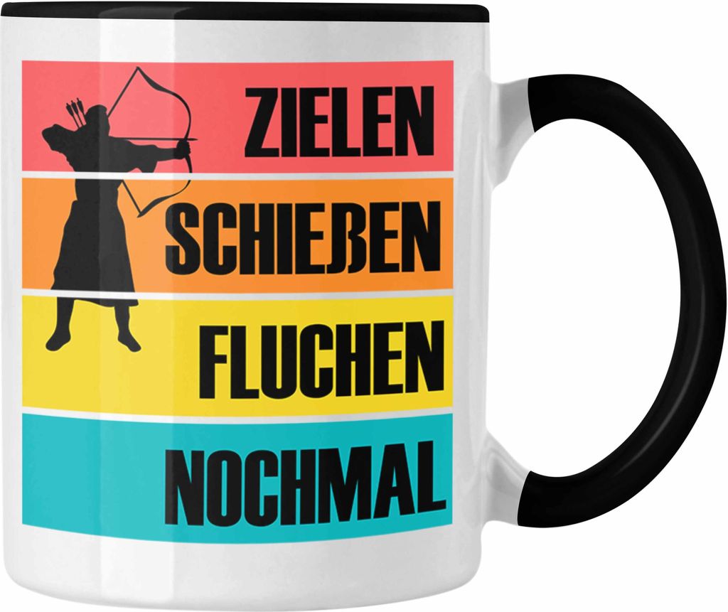 Trendation - Bogenschießen Tasse mit Bogenschütze Spruch - Geschenk für Pfeil und Bogen Fans Zielen Schießen Fluchen Nochmal (Schwarz)