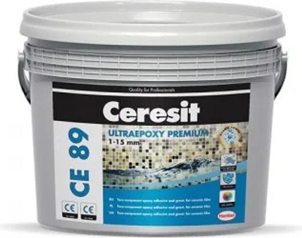 A bucket of Ceresit Ultraepoxy Premium grout.