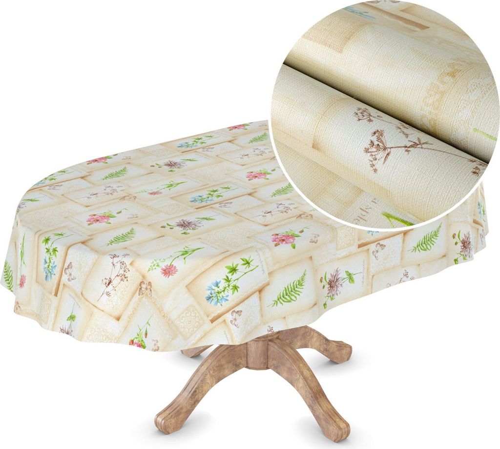 Tischdecke Wachstuch Premium Blumen Gelb Robust Wasserabweisend Oval Breite 140 cm Länge 200 cm